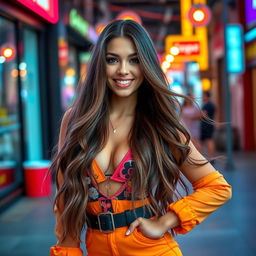 A beautiful young woman with long, flowing hair, wearing an eye-catching and stylish outfit that highlights her figure