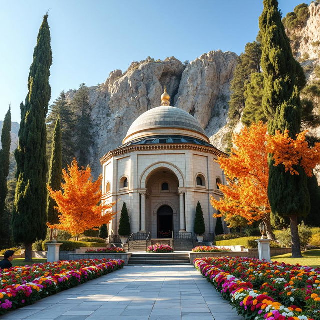 An Islamic Iranian hero's mausoleum in a domed shape located at the entrance of a cave on the lower edge of a mountain