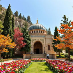 An Islamic Iranian hero's mausoleum in a domed shape located at the entrance of a cave on the lower edge of a mountain