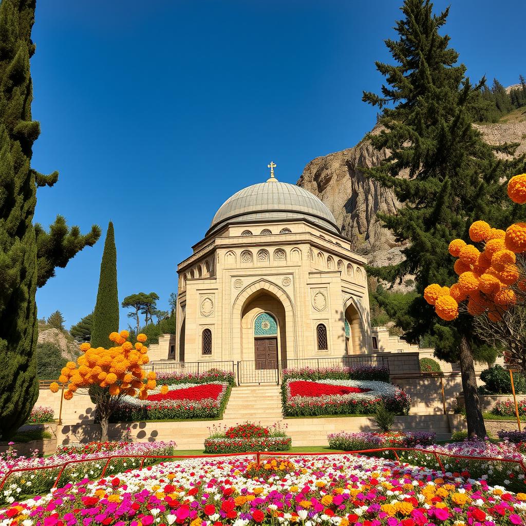 An Islamic Iranian hero's mausoleum in a domed shape located at the entrance of a cave on the lower edge of a mountain