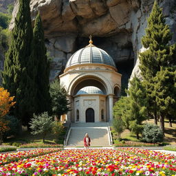 An Islamic Iranian hero's mausoleum in a domed shape located at the entrance of a cave on the lower edge of a mountain
