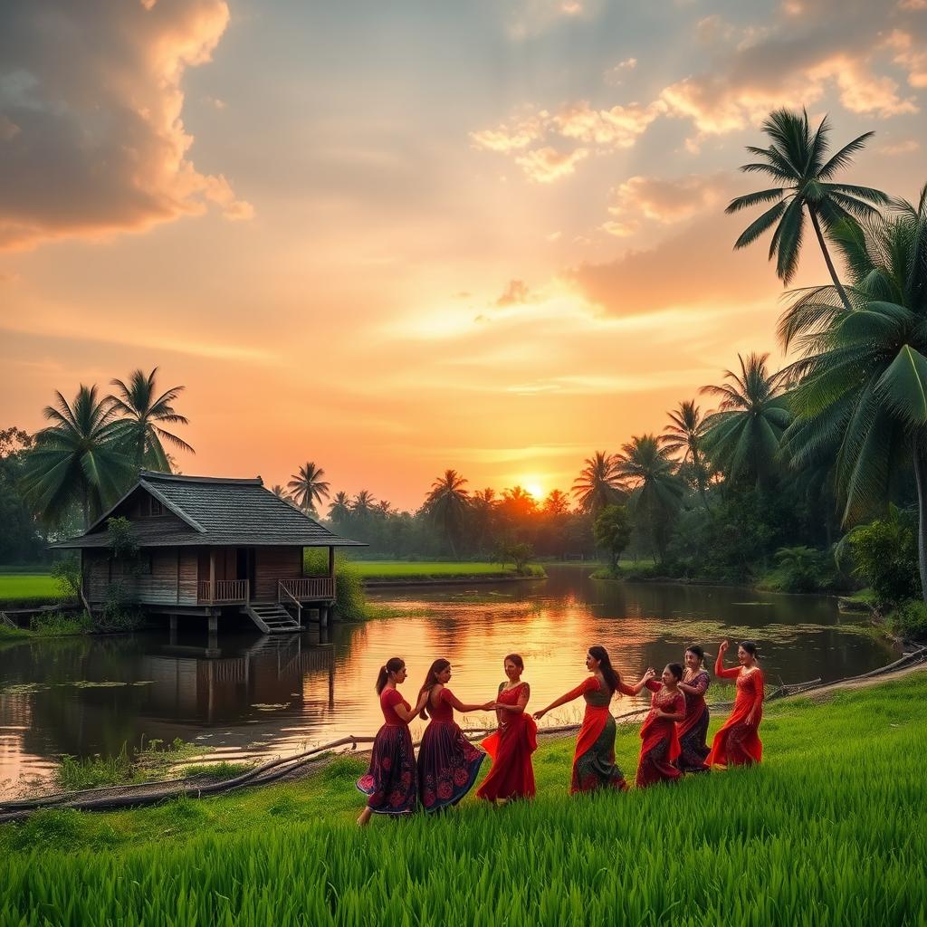 A serene landscape showcasing the beauty of traditional Malay culture, featuring a wooden stilt house by a calm river