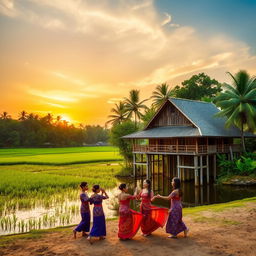 A serene landscape showcasing the beauty of traditional Malay culture, featuring a wooden stilt house by a calm river