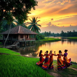 A serene landscape showcasing the beauty of traditional Malay culture, featuring a wooden stilt house by a calm river