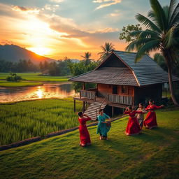 A serene landscape showcasing the beauty of traditional Malay culture, featuring a wooden stilt house by a calm river
