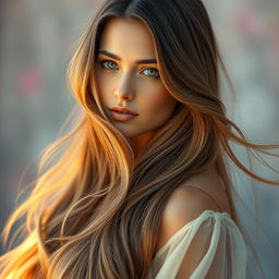 A stunning portrait of a woman with long, flowing hair cascading down her shoulders