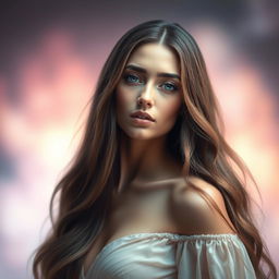 A stunning portrait of a woman with long, flowing hair cascading down her shoulders