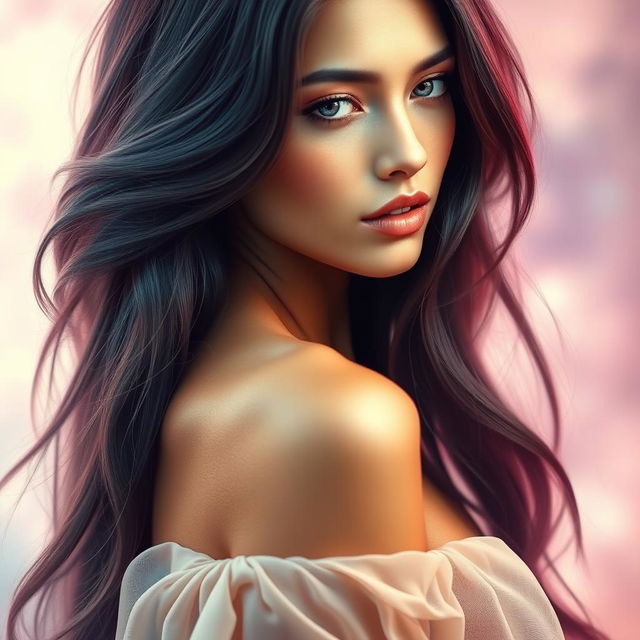 A stunning portrait of a woman with long, flowing hair cascading down her shoulders