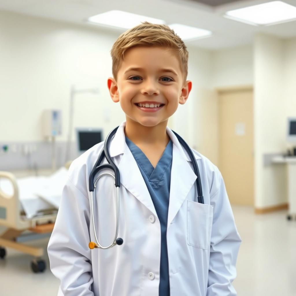 A young boy wearing a doctor's outfit, complete with a white lab coat, stethoscope around his neck, and scrubs underneath