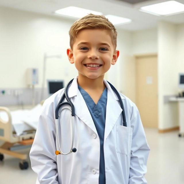 A young boy wearing a doctor's outfit, complete with a white lab coat, stethoscope around his neck, and scrubs underneath
