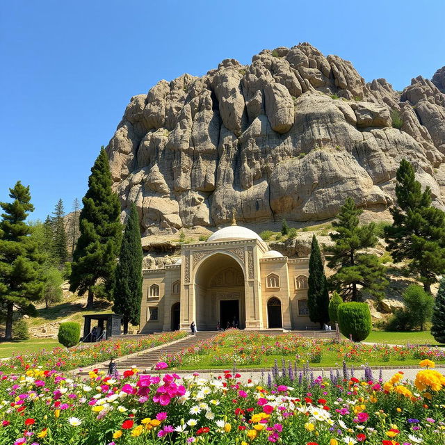 The tomb of the Islamic Iranian hero, shaped like a crescent, located at the base of a mountain