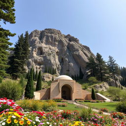 The tomb of the Islamic Iranian hero, shaped like a crescent, located at the base of a mountain