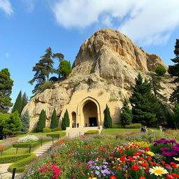 The tomb of the Islamic Iranian hero, shaped like a crescent, located at the base of a mountain