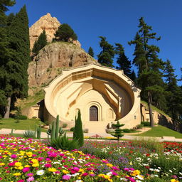 The tomb of the Islamic Iranian hero, shaped like a crescent, located at the base of a mountain