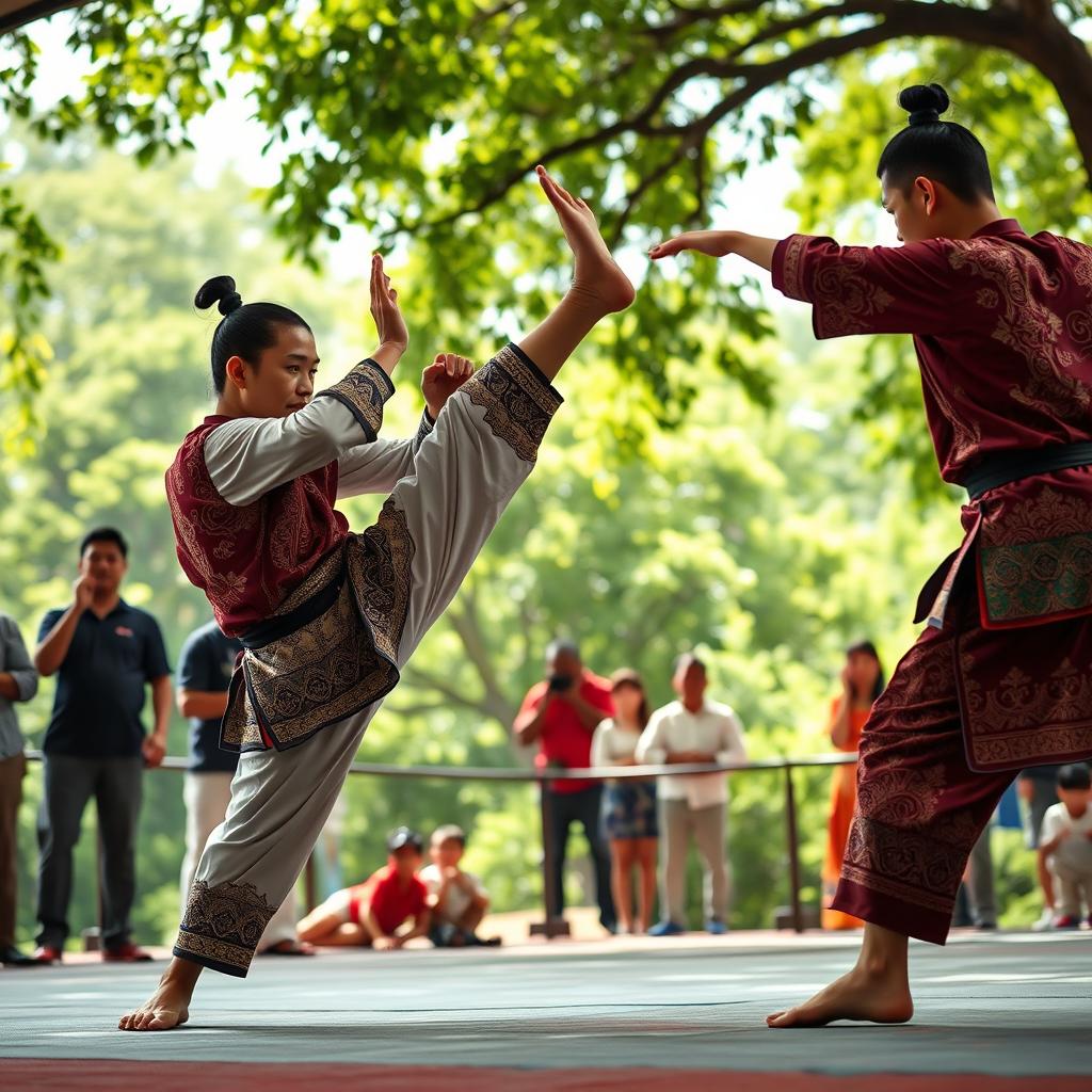 A dynamic action scene depicting a skilled martial artist performing SILAT, a traditional Southeast Asian martial art