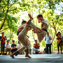 A dynamic action scene depicting a skilled martial artist performing SILAT, a traditional Southeast Asian martial art