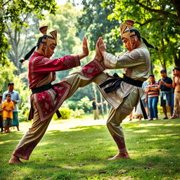 A dynamic action scene depicting a skilled martial artist performing SILAT, a traditional Southeast Asian martial art