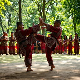 A dynamic action scene depicting a skilled martial artist performing SILAT, a traditional Southeast Asian martial art