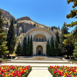 A majestic mausoleum dedicated to the heroic figure of Iranian Islamic history, featuring a crescent shape, located at the base of a mountain