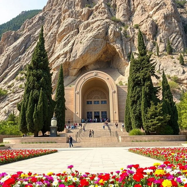 A majestic mausoleum dedicated to the heroic figure of Iranian Islamic history, featuring a crescent shape, located at the base of a mountain