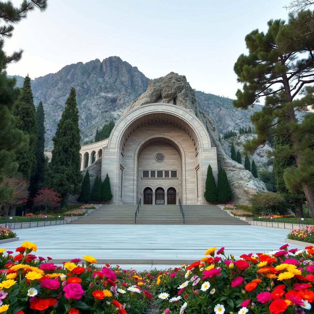 A majestic mausoleum dedicated to the heroic figure of Iranian Islamic history, featuring a crescent shape, located at the base of a mountain