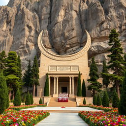 A majestic mausoleum dedicated to the heroic figure of Iranian Islamic history, featuring a crescent shape, located at the base of a mountain