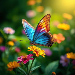 A vivid and realistic butterfly perched delicately on a vibrant flower in a lush green natural environment