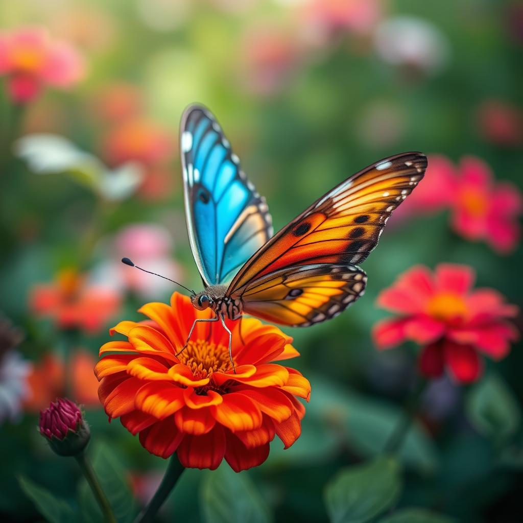 A vivid and realistic butterfly perched delicately on a vibrant flower in a lush green natural environment