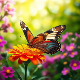 A vivid and realistic butterfly perched delicately on a vibrant flower in a lush green natural environment