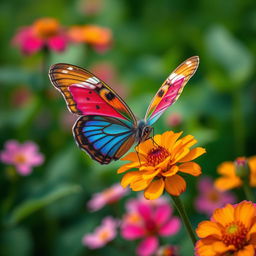 A vivid and realistic butterfly perched delicately on a vibrant flower in a lush green natural environment
