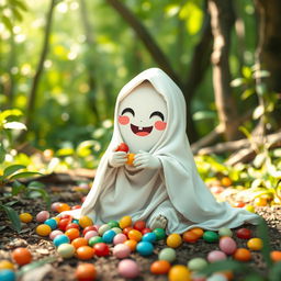 A cute pocong, a traditional Indonesian ghost wrapped in a white shroud, sitting on the ground with a playful expression