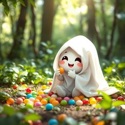 A cute pocong, a traditional Indonesian ghost wrapped in a white shroud, sitting on the ground with a playful expression
