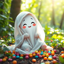 A cute pocong, a traditional Indonesian ghost wrapped in a white shroud, sitting on the ground with a playful expression