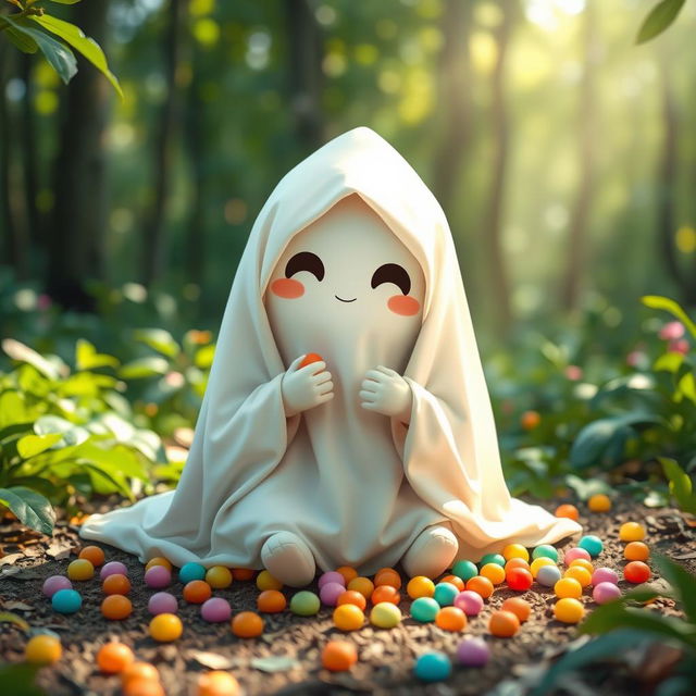 A cute pocong, a traditional Indonesian ghost wrapped in a white shroud, sitting on the ground with a playful expression