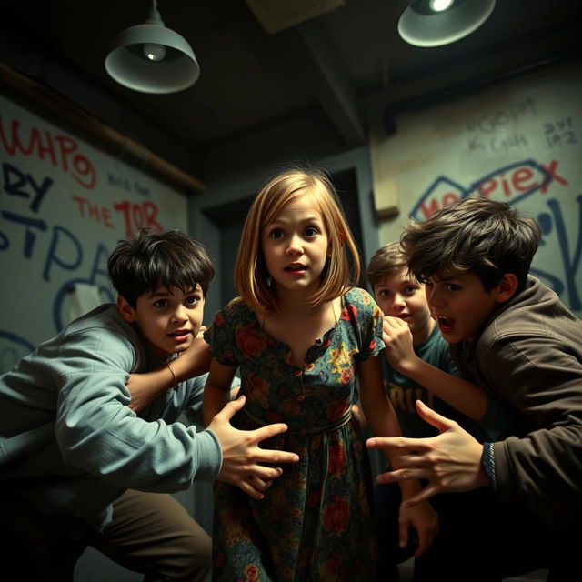 A dramatic and intense scene inside a dimly lit room