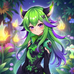 A canna sapiens anime character with an enchanting appearance, featuring vibrant green and deep purple as the main colors of their outfit