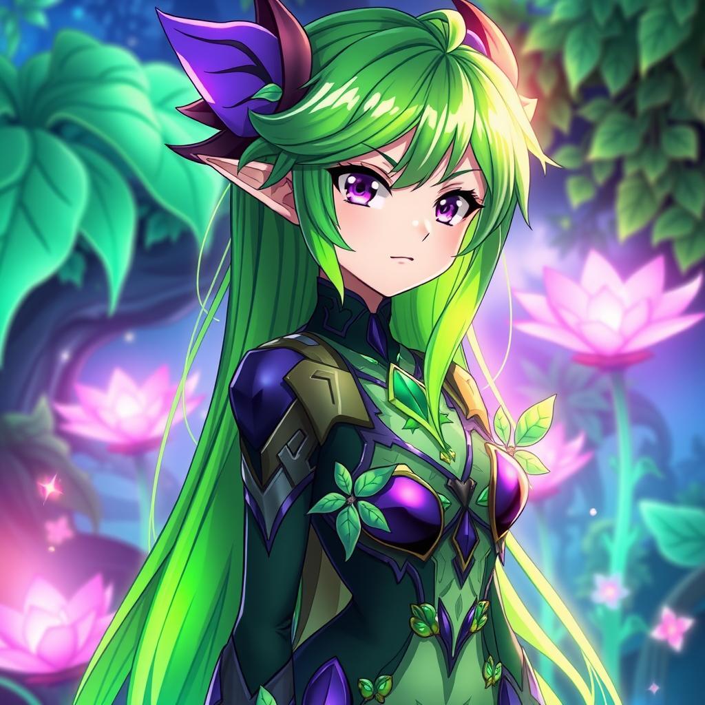A canna sapiens anime character with an enchanting appearance, featuring vibrant green and deep purple as the main colors of their outfit