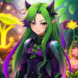 A canna sapiens anime character with an enchanting appearance, featuring vibrant green and deep purple as the main colors of their outfit