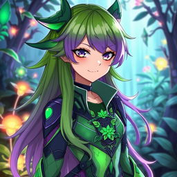 A canna sapiens anime character with an enchanting appearance, featuring vibrant green and deep purple as the main colors of their outfit