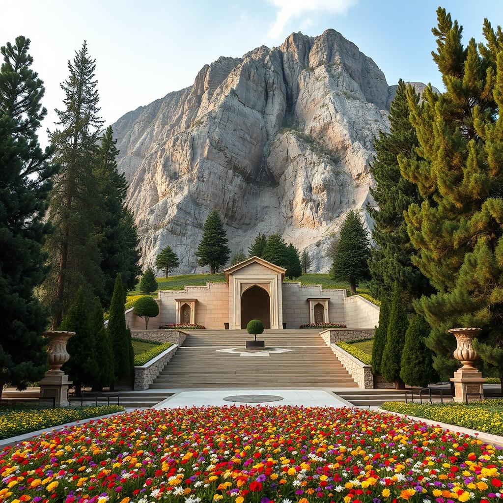 A beautiful and serene view of the tomb of an Islamic Iranian hero, Cawsishkal, located at the base of a majestic mountain