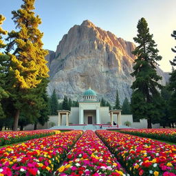 A beautiful and serene view of the tomb of an Islamic Iranian hero, Cawsishkal, located at the base of a majestic mountain