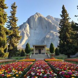 A beautiful and serene view of the tomb of an Islamic Iranian hero, Cawsishkal, located at the base of a majestic mountain