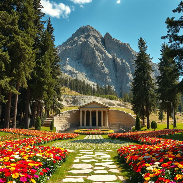 A beautiful and serene view of the tomb of an Islamic Iranian hero, Cawsishkal, located at the base of a majestic mountain