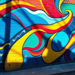 An abstract depiction of a vibrant, colorful wall mural featuring a mix of geometric shapes, lines, and organic patterns, blending hues of blue, red, yellow, and green