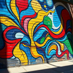 An abstract depiction of a vibrant, colorful wall mural featuring a mix of geometric shapes, lines, and organic patterns, blending hues of blue, red, yellow, and green