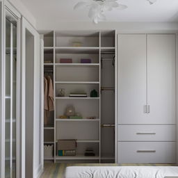 A neatly arranged full bedroom view with a closed walk-in closet and a functional study table, a  petite book rack, with visible separation between the closet and study area for a clear distinction.