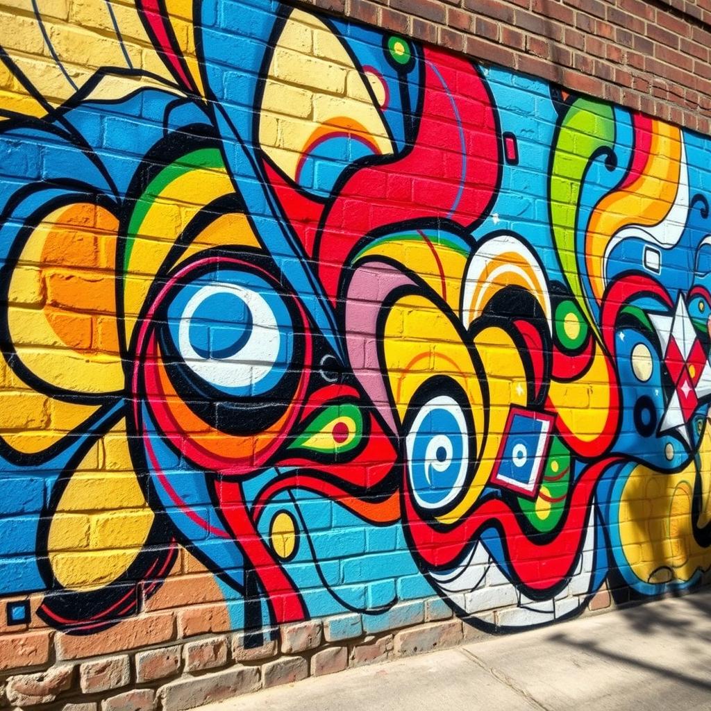 An abstract depiction of a vibrant, colorful wall mural featuring a mix of geometric shapes, lines, and organic patterns, blending hues of blue, red, yellow, and green