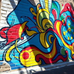 An abstract depiction of a vibrant, colorful wall mural featuring a mix of geometric shapes, lines, and organic patterns, blending hues of blue, red, yellow, and green