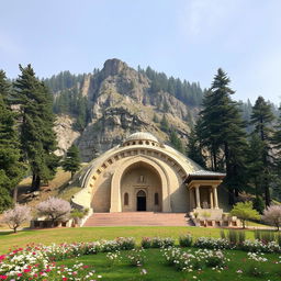 The tomb of an Iranian Islamic hero, featuring a crescent shape, located at the base of a mountainous area surrounded by tall cedar and fir trees