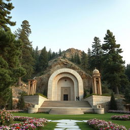 The tomb of an Iranian Islamic hero, featuring a crescent shape, located at the base of a mountainous area surrounded by tall cedar and fir trees